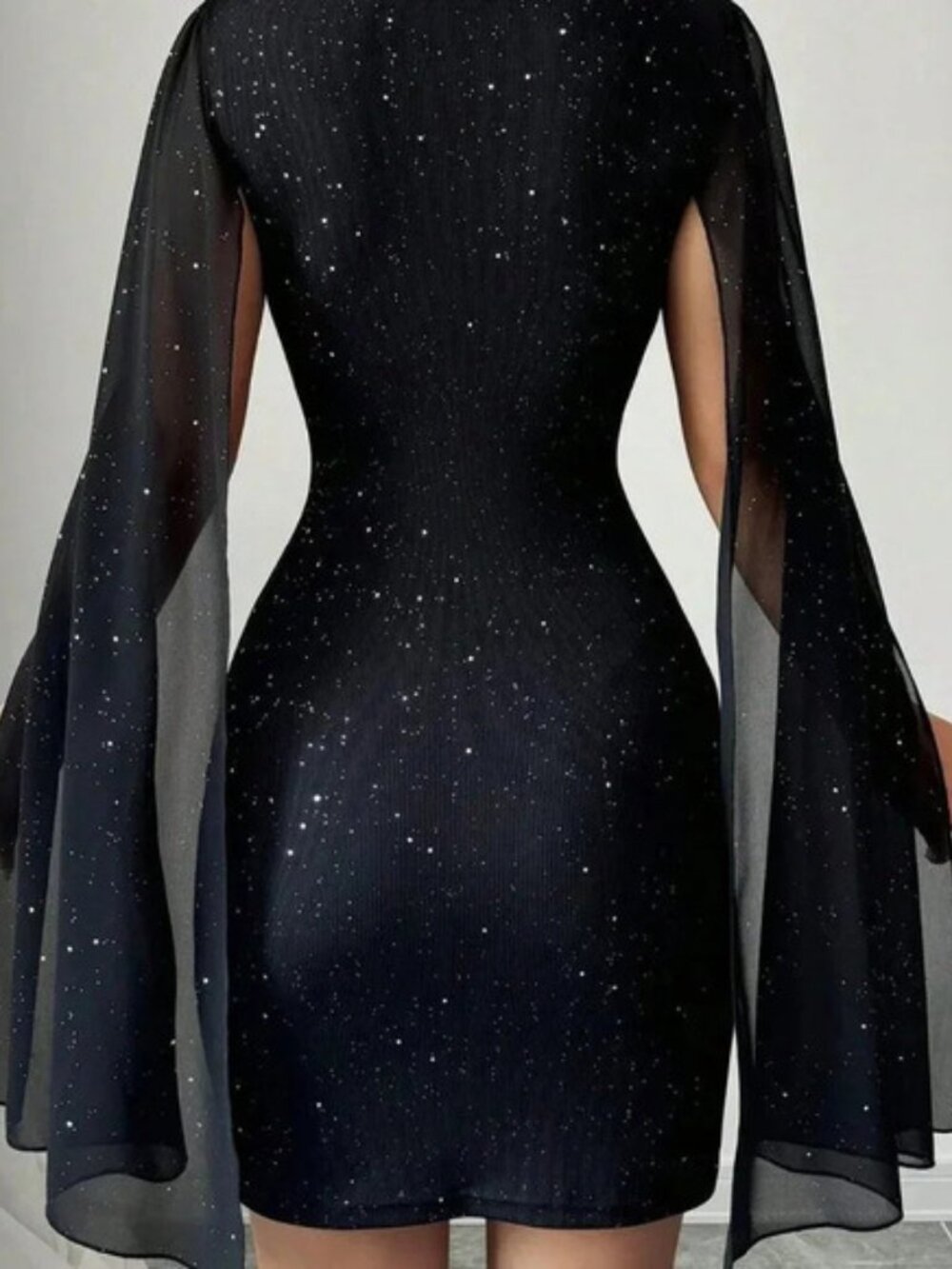 Black Party Women's Glitter Print Stand Collar Lantern Sleeve Bodycon Dress